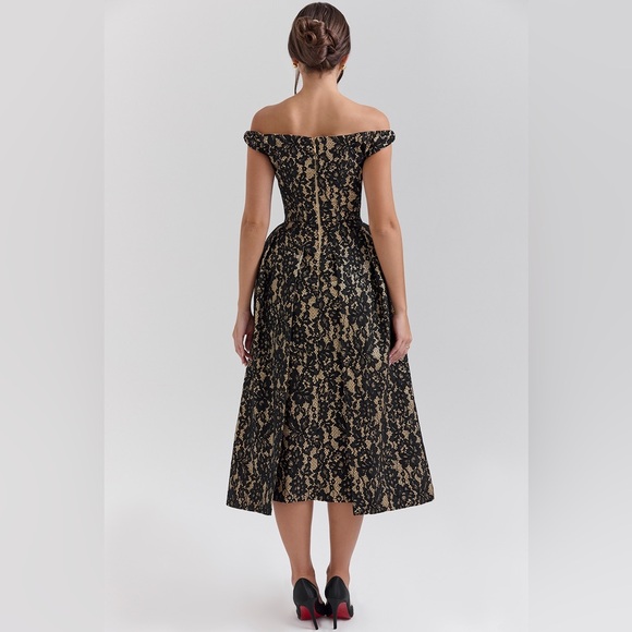 House of CB Black Gold Lace Off Shoulder Midi Gown - Picture 3 of 10